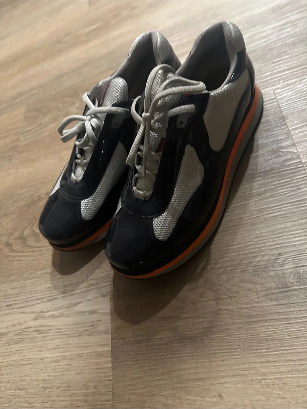 Prada Navy and Light Gray Sneakers with Orange Stripe